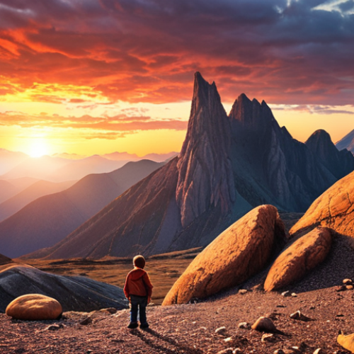 Home 4 **Prompt:** Dramatic mountain range landscape at sunset, showcasing geological formations and textures. Include a small figure of a person (child) examining a rock, emphasizing the personal connection to geology. High resolution, vibrant colors.