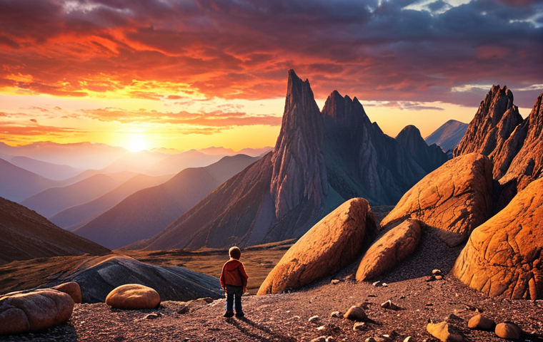 **Prompt:** Dramatic mountain range landscape at sunset, showcasing geological formations and textures. Include a small figure of a person (child) examining a rock, emphasizing the personal connection to geology. High resolution, vibrant colors.