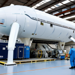 A diverse team of two professional atmospheric scientists, fully clothed in modest, practical research attire, including professional jackets and trousers, standing within a spacious, well-lit high-tech hangar. In the background, a large, partially inflated stratospheric research balloon is visible, surrounded by advanced scientific instruments and computer equipment. The scene conveys a sense of scientific exploration and innovation. Perfect anatomy, correct proportions, natural pose, well-formed hands, proper finger count. safe for work, appropriate content, fully clothed, professional.