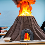 Volcano Model in Classroom**

"A brightly lit classroom scene with students gathered around a large, detailed model volcano made of clay and cardboard, fully clothed, appropriate attire. The model is mid-eruption with baking soda and vinegar simulating smoke. A teacher, fully clothed in professional attire, is guiding the students. Perfect anatomy, correct proportions, well-formed hands. Safe for work, appropriate content, family-friendly, professional educational setting."

**