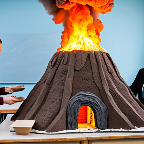 Volcano Model in Classroom**

"A brightly lit classroom scene with students gathered around a large, detailed model volcano made of clay and cardboard, fully clothed, appropriate attire. The model is mid-eruption with baking soda and vinegar simulating smoke. A teacher, fully clothed in professional attire, is guiding the students. Perfect anatomy, correct proportions, well-formed hands. Safe for work, appropriate content, family-friendly, professional educational setting."

**