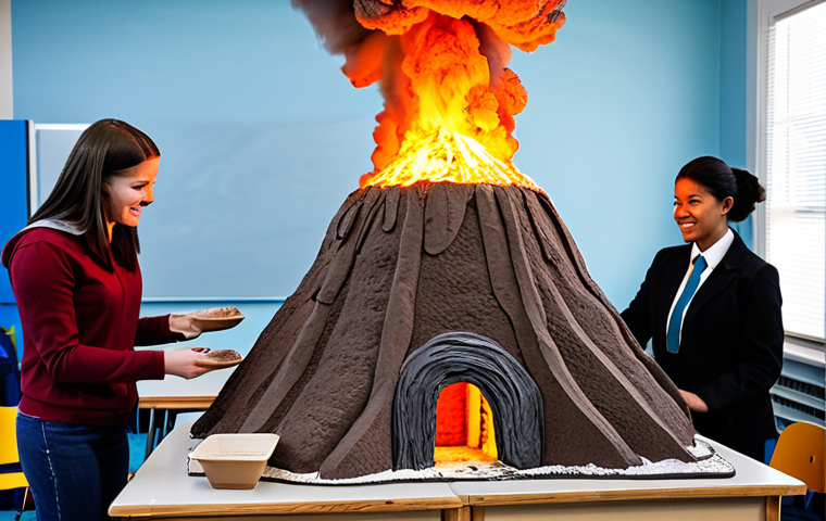Volcano Model in Classroom**

"A brightly lit classroom scene with students gathered around a large, detailed model volcano made of clay and cardboard, fully clothed, appropriate attire. The model is mid-eruption with baking soda and vinegar simulating smoke. A teacher, fully clothed in professional attire, is guiding the students. Perfect anatomy, correct proportions, well-formed hands. Safe for work, appropriate content, family-friendly, professional educational setting."

**