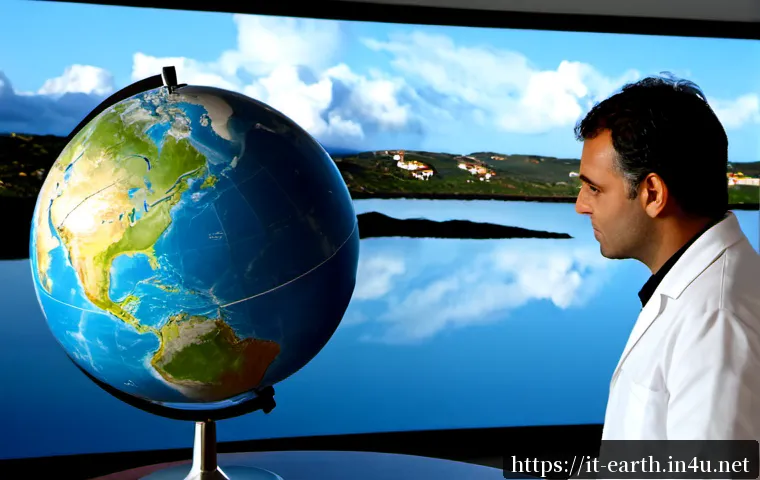 Home 14 지구과학과 지구환경 시뮬레이션 - Photorealistic Earth science simulation laboratory in Italy, a middle-aged Italian environmental res...