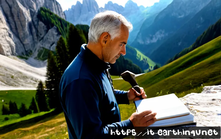 지구과학과 지질 구조 분석 - Photorealistic geological field study in the Italian Dolomites, a middle-aged geologist in practical...