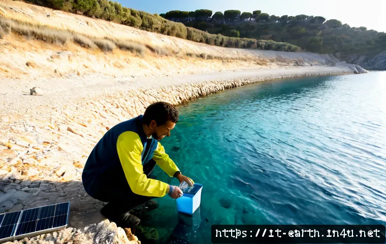 Home 16 지구과학과 지속 가능성 연구 - Photorealistic wide-angle view of a Mediterranean coastal research station in southern Italy, an Ita...