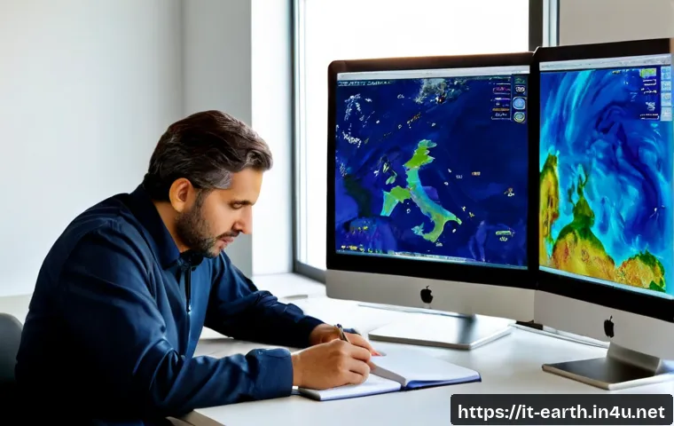 지구과학 데이터 분석 - Photorealistic Italian earth science researcher analyzing Mediterranean climate data at a clean mode...